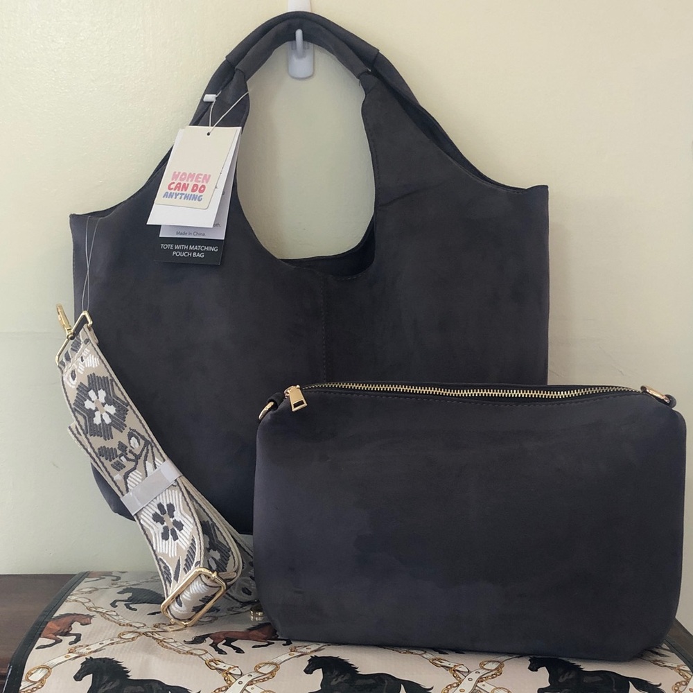 NWT Ahdorned Faux Suede Tote w/ Matching Pouch & Fashion Strap